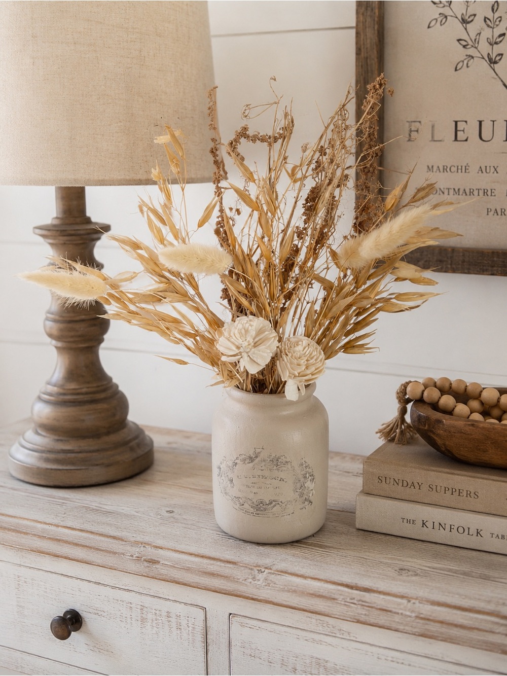 Neutral Cream Ceramic Vase with Dried Floral Arrangement